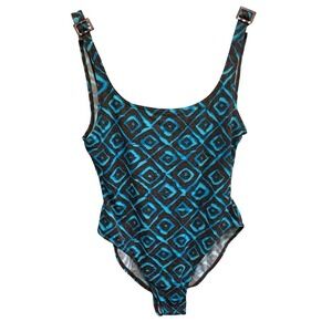 NWT Aqua Couture One Piece Swimsuit Women 11/12 Blue Brown Geometric Vintage